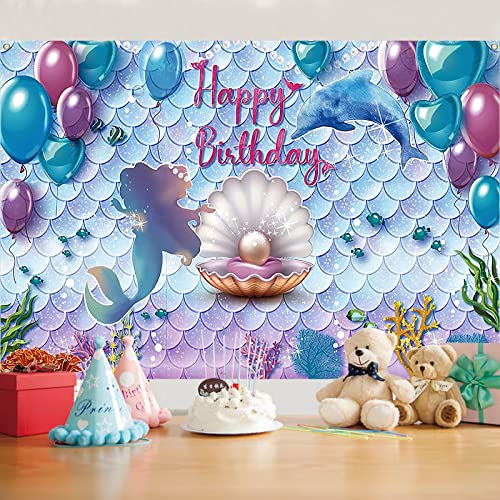180*110cm Decoracion Cumpleaños Sirena, Telón de Fondo de Sirena para Fiesta de Cumpleaños Bajo el mar, Fotografía de Banner de Fondo Telón de Fondo para Niñas,Decoración Decumpleaños Fotografía Cover