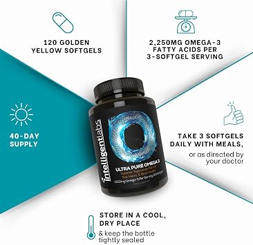 Intelligent Labs Triglyceride Omega 3, 2250mg per 3-Capsule Serving, Burpless Fish Oil Capsules, GOED Certified, 3rd Party Heavy Metal, PCB, and Oxidation Tested - 120 Softgels Per Bottle