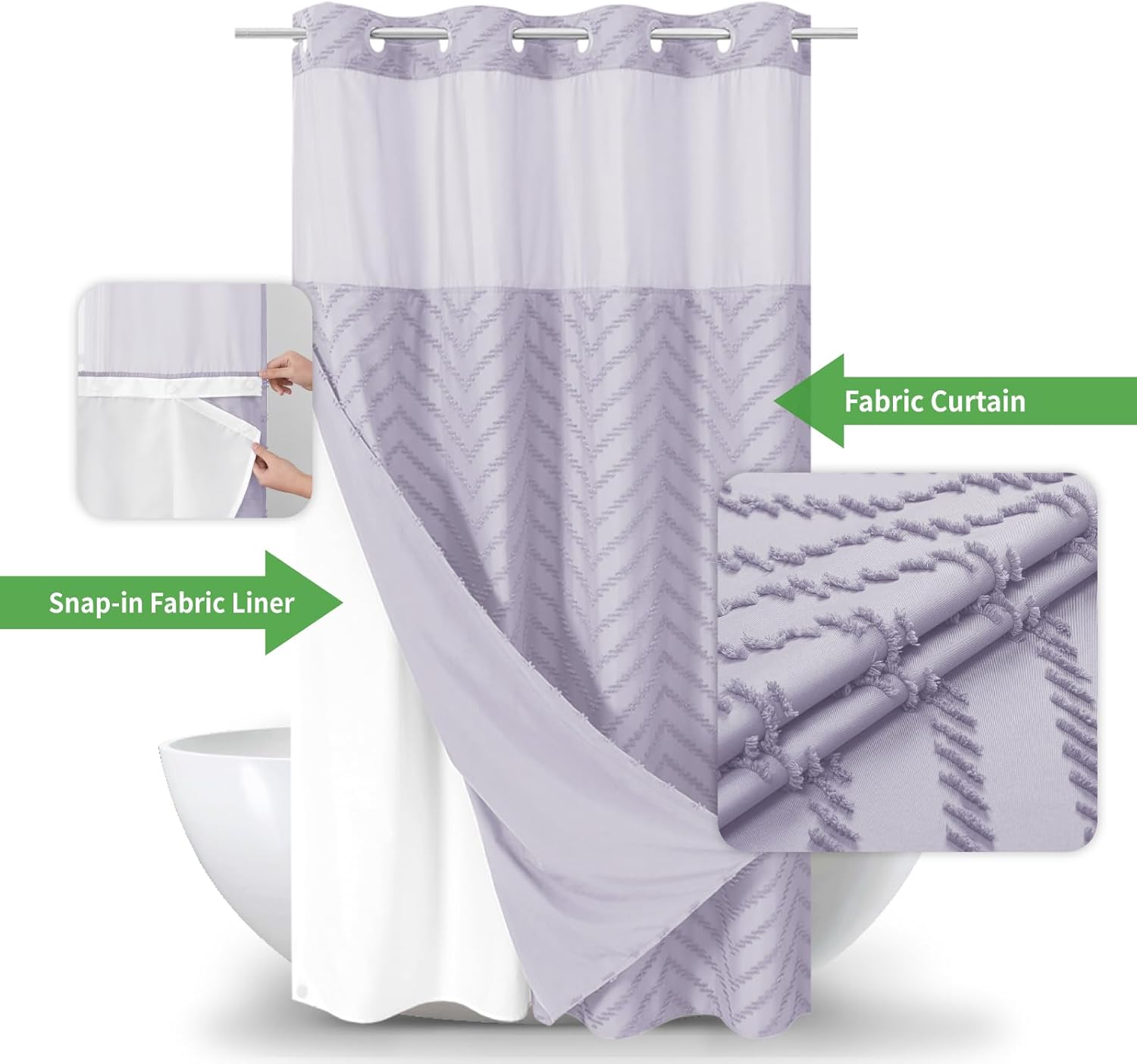 eachope Stall No Hook Boho Farmhouse Shower Curtain with Snap-in Fabric Liner set-54Wx80H(78H),Tufted Chevron Striped Hotel Grade Cloth Shower Curtains for Bathroom,Water Repellent,Lavender