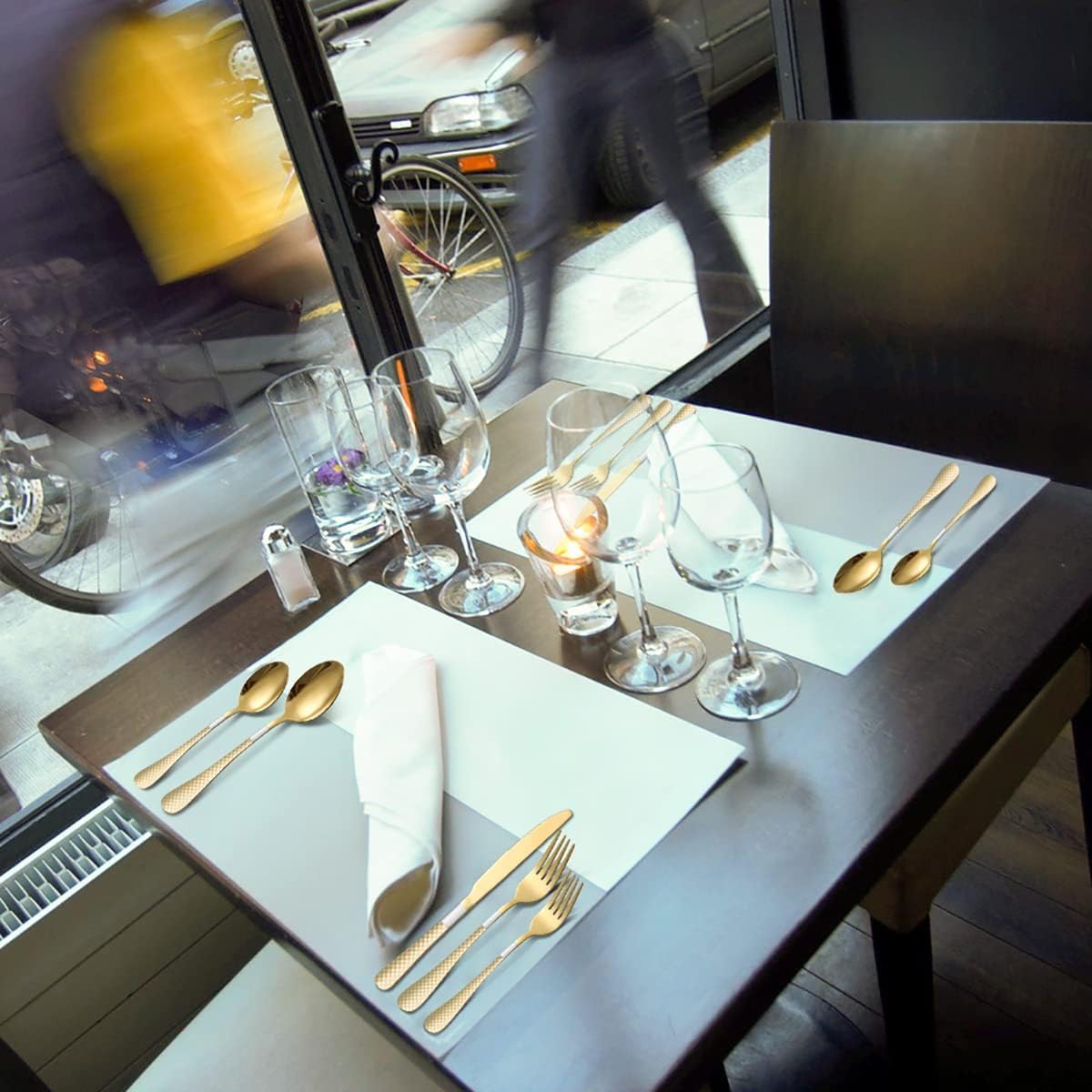 KitchAntique 9" Aurum Gold Steak Knives Set of 5 with Checks Printed Handle ? Durable Stainless Steel Dinner Knife, Mirror Polished Silverware, Perfect for Home, Restaurant, and Gifting 4