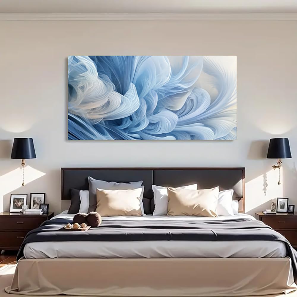 Tableau abstrait sur toile lignes fluides bleues déco moderne