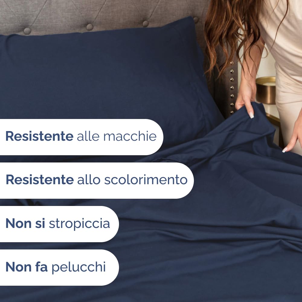 Set lenzuola matrimoniali king size 4 pezzi 180x200 cm - morbida microfibra spazzolata, traspirante e certificata OEKO-TEX - lenzuolo con angoli, lenzuolo piatto 270x290 e 2 federe 50x80 - Blu marino