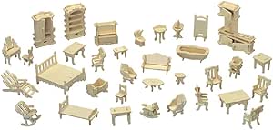 Dollhouse Furniture - Laser Cut Wooden 3D Puzzle DIY Miniature Doll House Kit House Furniture Set - 34 Pieces