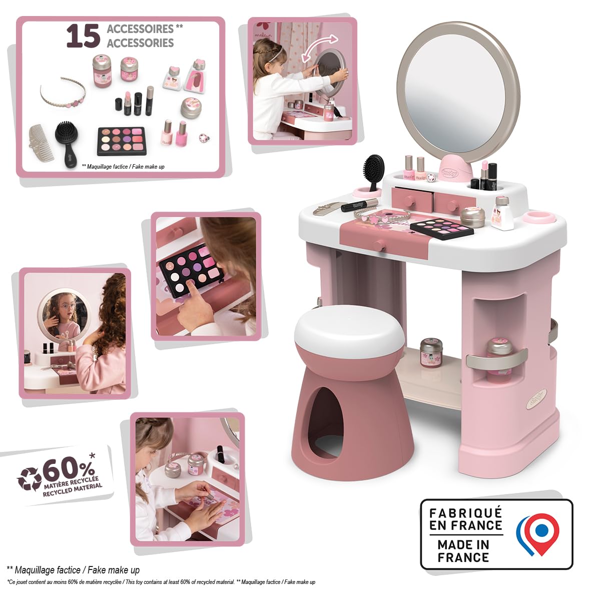 Smoby - Tavolo da toeletta My Beauty - Parrucchiere, Salone per unghie, Set da trucco - Specchio, Contenitore - 15 accessori - Materiale riciclato - Dai 3 anni - Prodotto in Francia
