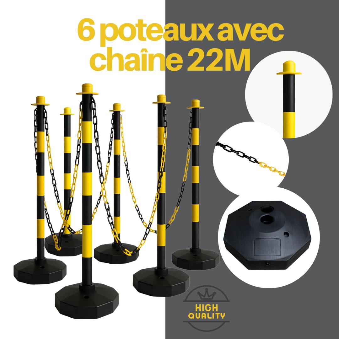 Lot de 6 poteaux de clôture jaune-noir avec chaîne de 22 m - Poteaux de chaîne en plastique et ruban