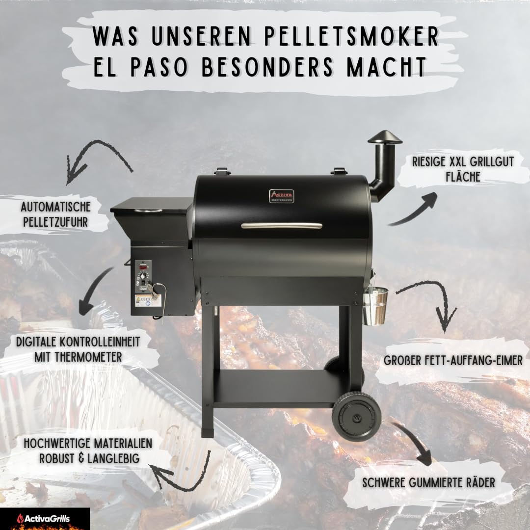 ACTIVA Smoker Grill El Paso I Pellet Smoker mit automatischer Pelletzuführung & Thermometer I Edelstahl-Grill für BBQ & Räuchern