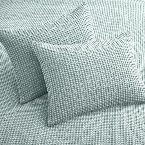 Image of Levtex Home Mills Waffle King /Cal King Quilt Set (106x92in) with 2 Pillow Shams (36x20in) - Spa - Cotton Waffle King Size Quilt Bedding Set - Lightweight, Soft, Pre-Washed