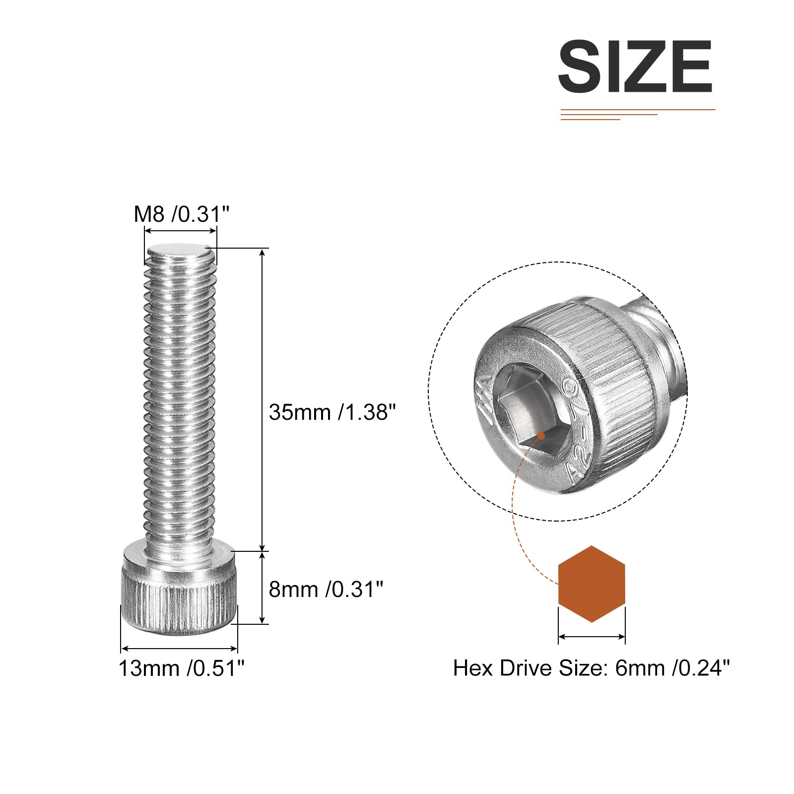 DTGN M8x35mm Socket Head Cap Screws Bolts, 20Pcs 304 Stainless Steel 18-8, Metric Machine Hex Socket Screw, Hex Drive - Image 2