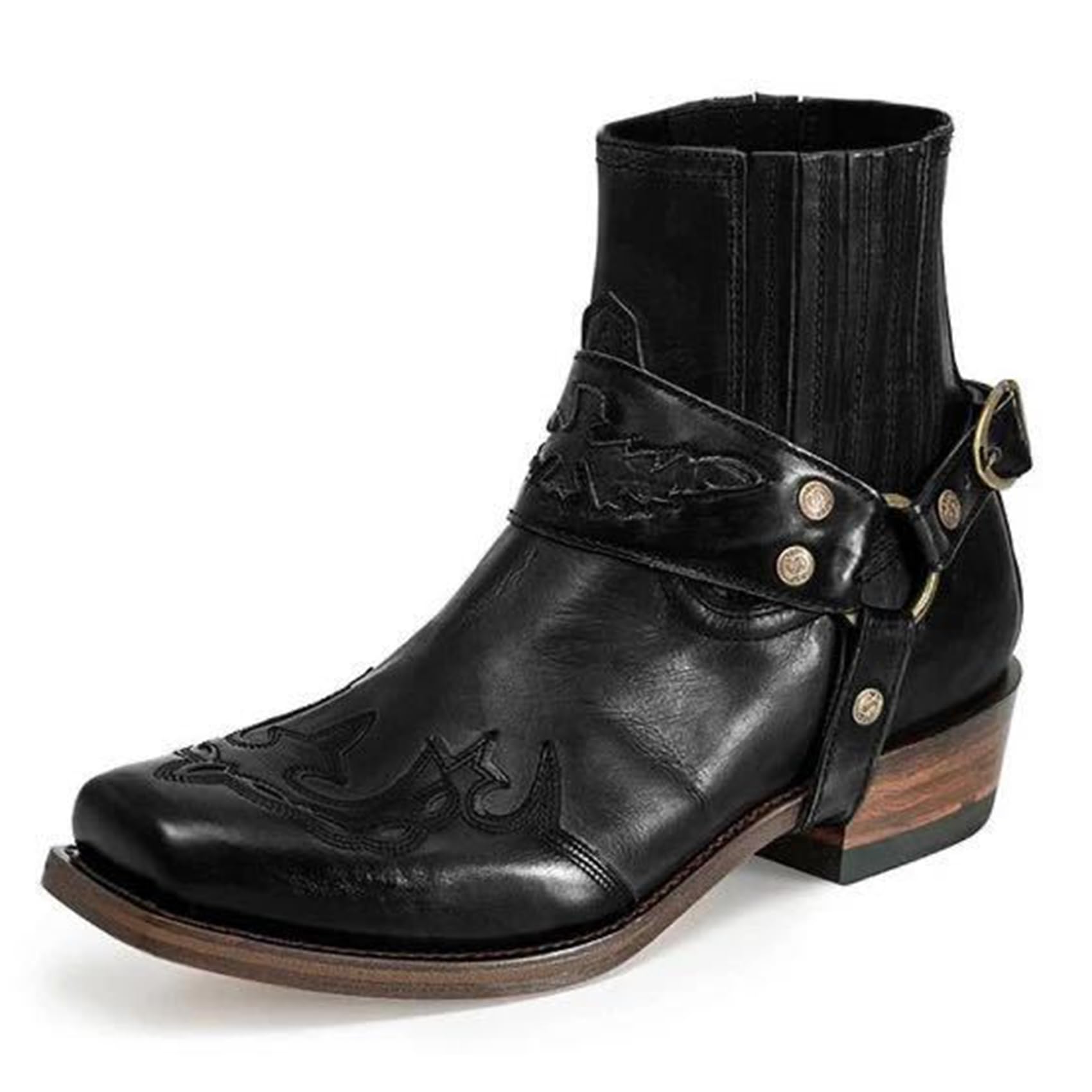 BINDT Men's Western Ankle Boots Buckle Strap Boots Retro Leather