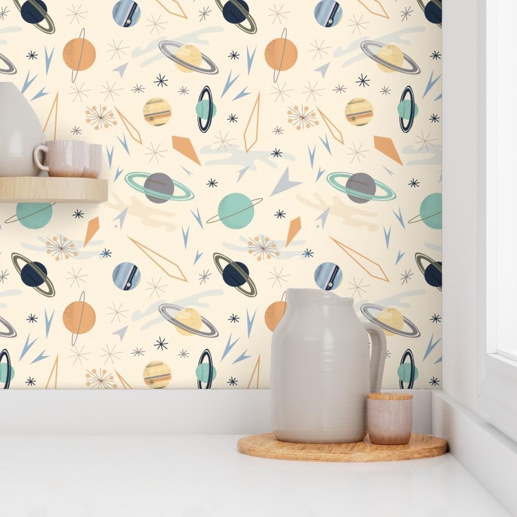 Spoonflower Peel & Stick Wallpaper 6ft x 2ft - Atomic Age Solar System Retro 1950S Space Stem Planets Custom Removable Wallpaper