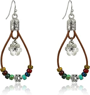 Bopiu Handmade Boho Dangle Earrings for Women - Vintage Western Drop with Natural Stones & Flowers