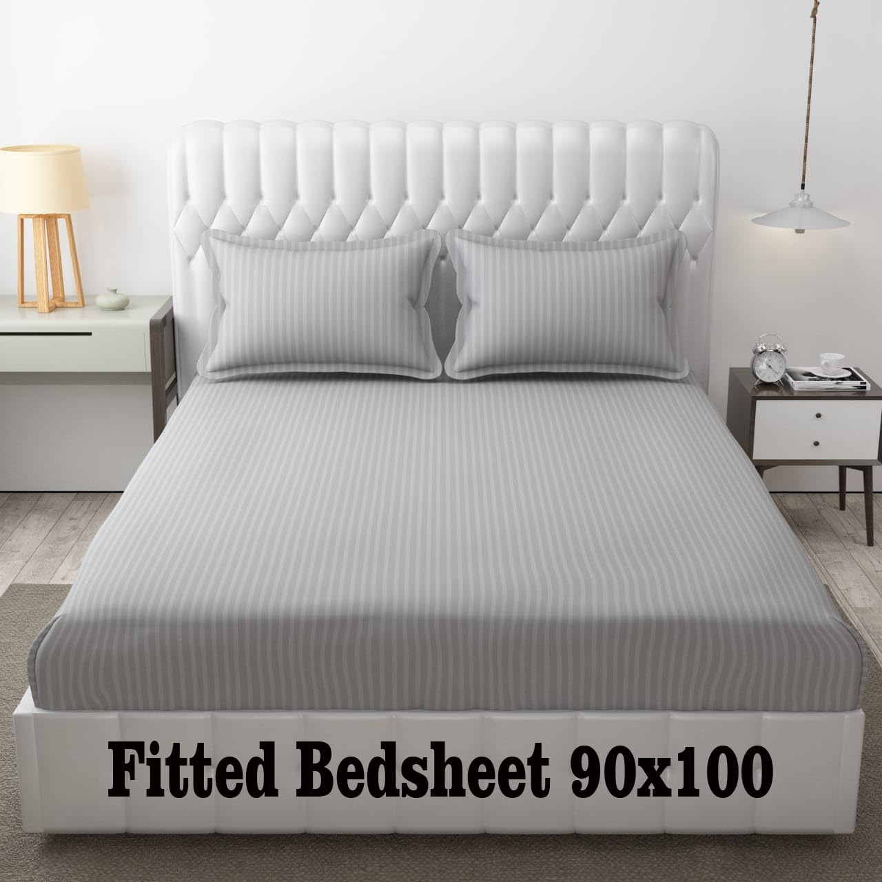 Roman. Cotton Blend Plain Stripe Elastic Fitted Queen Size Bedsheet with 2 Pillow Cover (90 * 100 in Double Bed, Light Grey Fits Upto 8 in Matress-picture-10