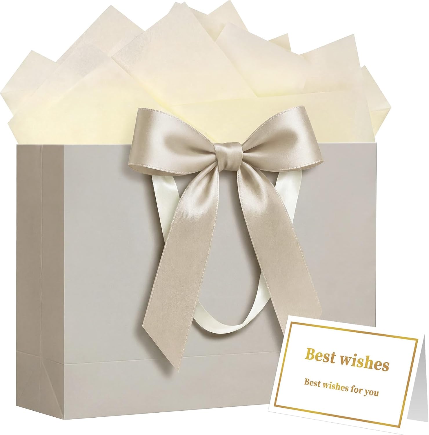 Laidans 13" Gift Bag with Handles and Bow Ribbon, Large Gift Bag with 3 Tissue Paper and 1 Card for Birthdays, Baby Showers, Wedding, Bridal Showers, Mother's Day (Champagne)