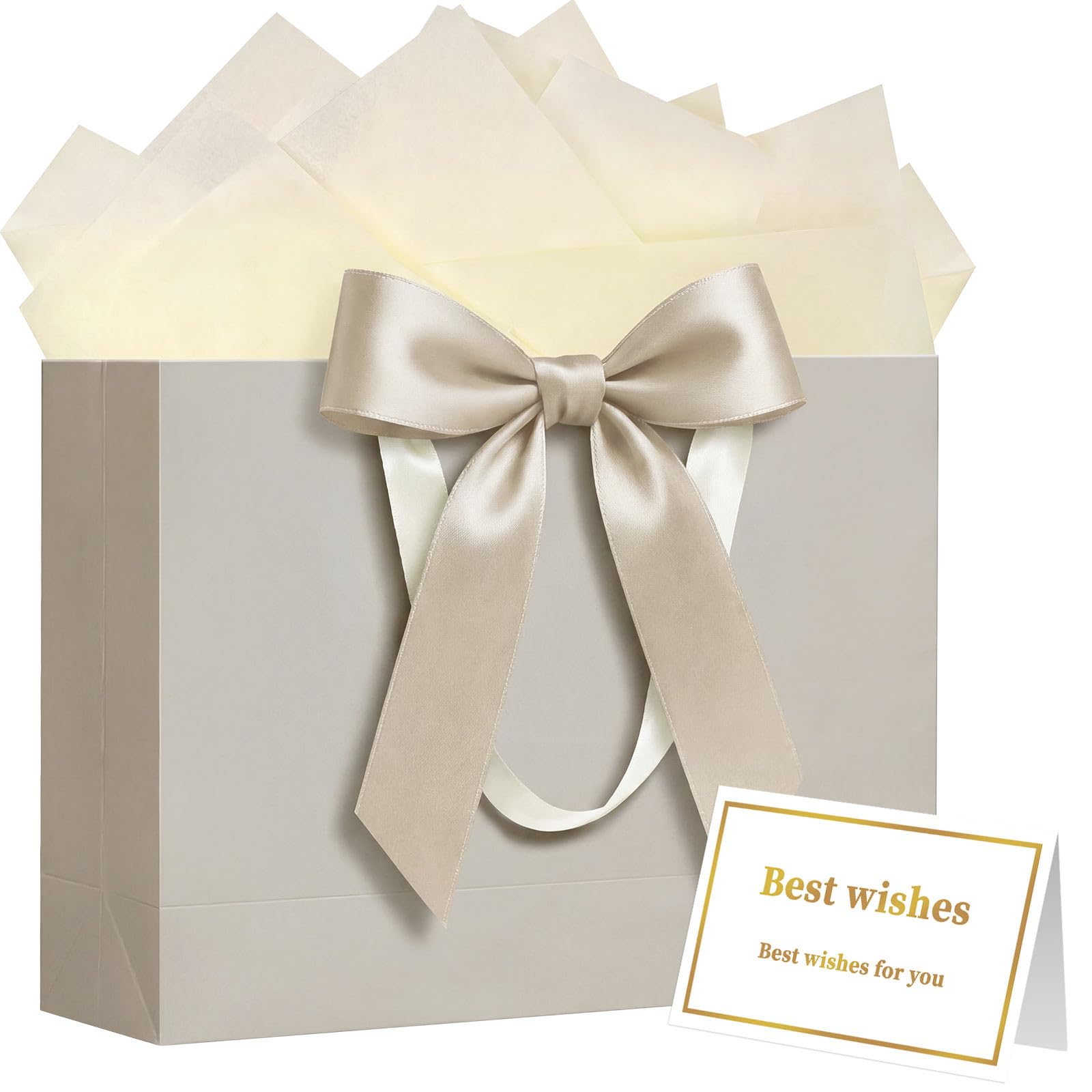 Laidans 13" Gift Bag with Handles and Bow Ribbon, Large Gift Bag with 3 Tissue Paper and 1 Card for Birthdays, Baby Showers, Wedding, Bridal Showers, Mother's Day (Champagne)