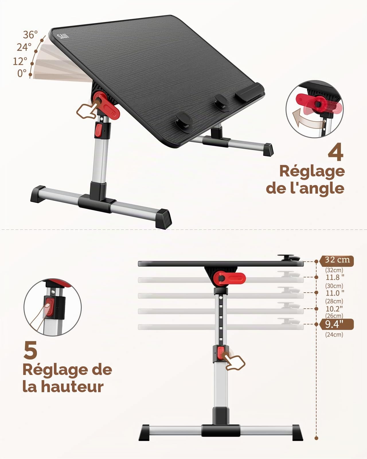 Table de lit, SAIJI Table lit, Hauteur réglable, avec 4 angles réglables, Lapdesk pliable, pour le canapé, l'étude, la lecture et l'écriture, pour les ordinateurs portables jusqu'à 17" (52*30cm noir)