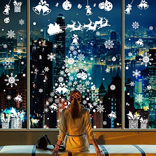 CMTOP Pegatinas de Navidad (214 pcs) Navidad la Decoración del Hogar de Blanca Chrismas Adhesivos Ventana PVC Pegatinas Removible Navidad Copos Nieve Stickers