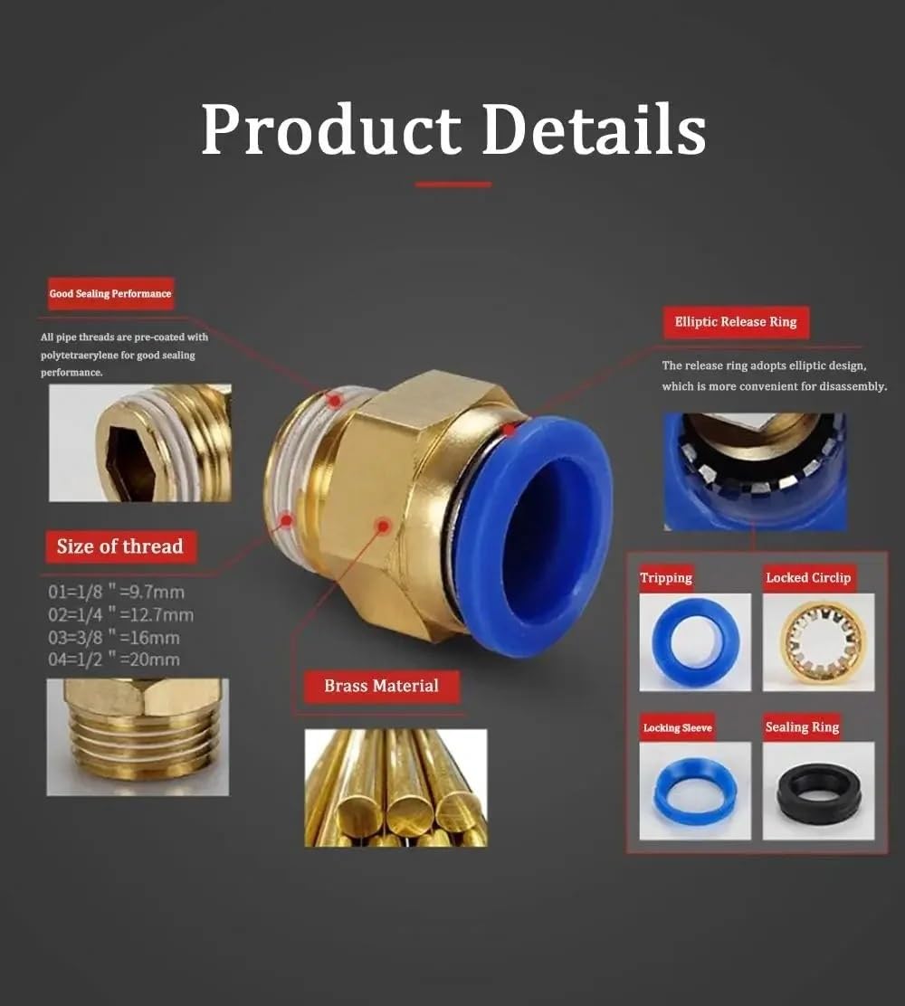 10/50PCS Pneumatische Fitting PC 4/6/8/10/12mm Gewinde 1/8" 1/4" 3/8" 1/2"(PC12-04,100 PCS)