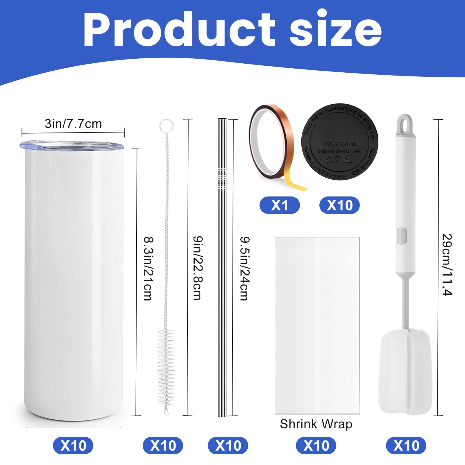 Paquete de 10 vasos de sublimación, tazas en blanco, botella de agua, vaso de acero inoxidable recto blanco de 20 onzas para máquina de prensado en caliente, impresión por sublimación(10PCS)