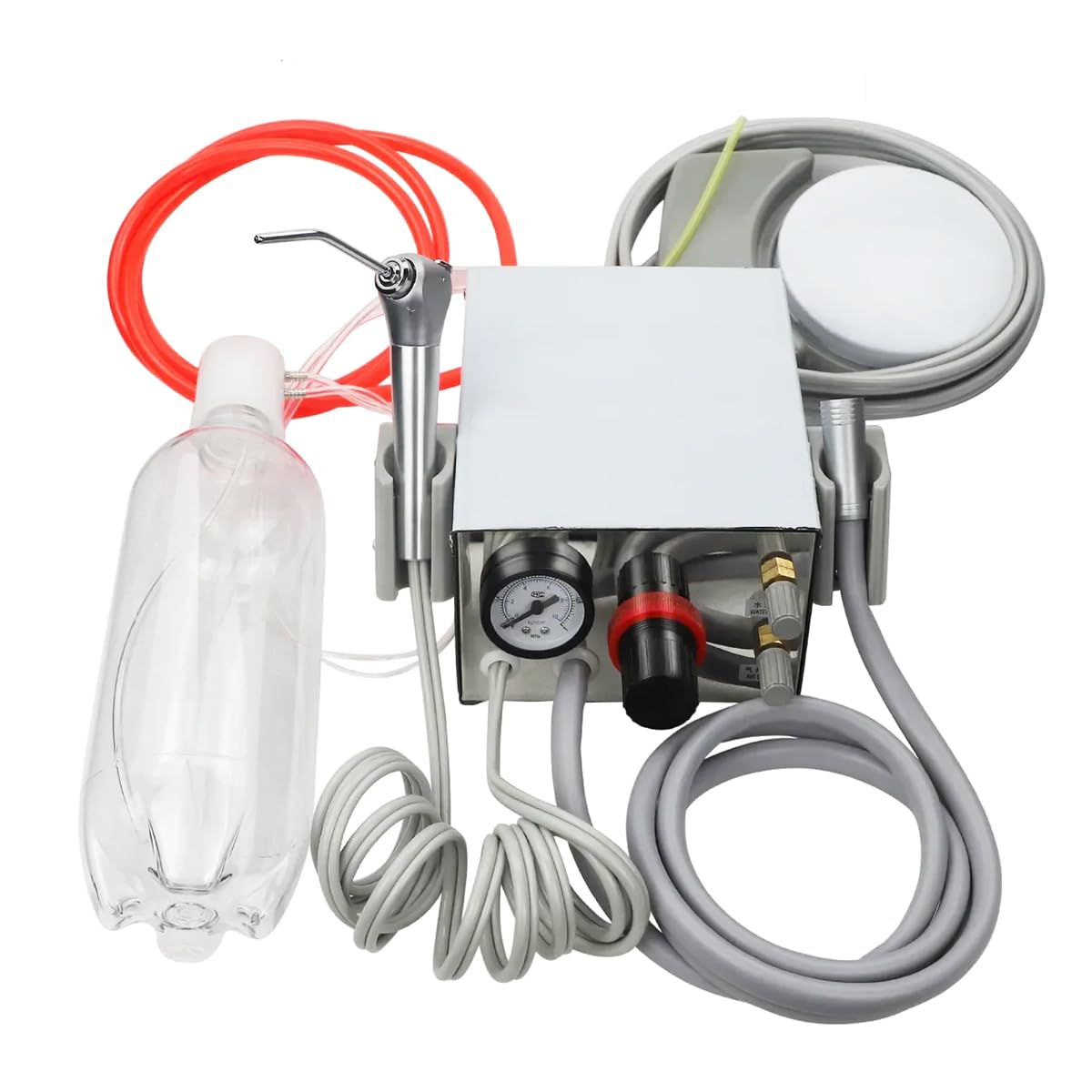 Portable Dental Air Turbine Unit for 4 Hole Handpiece with Compressor | Compact dental turbine, precise air/water control, kit includes 3-way syringe, foot pedal, 600ml bottle & spare tube.