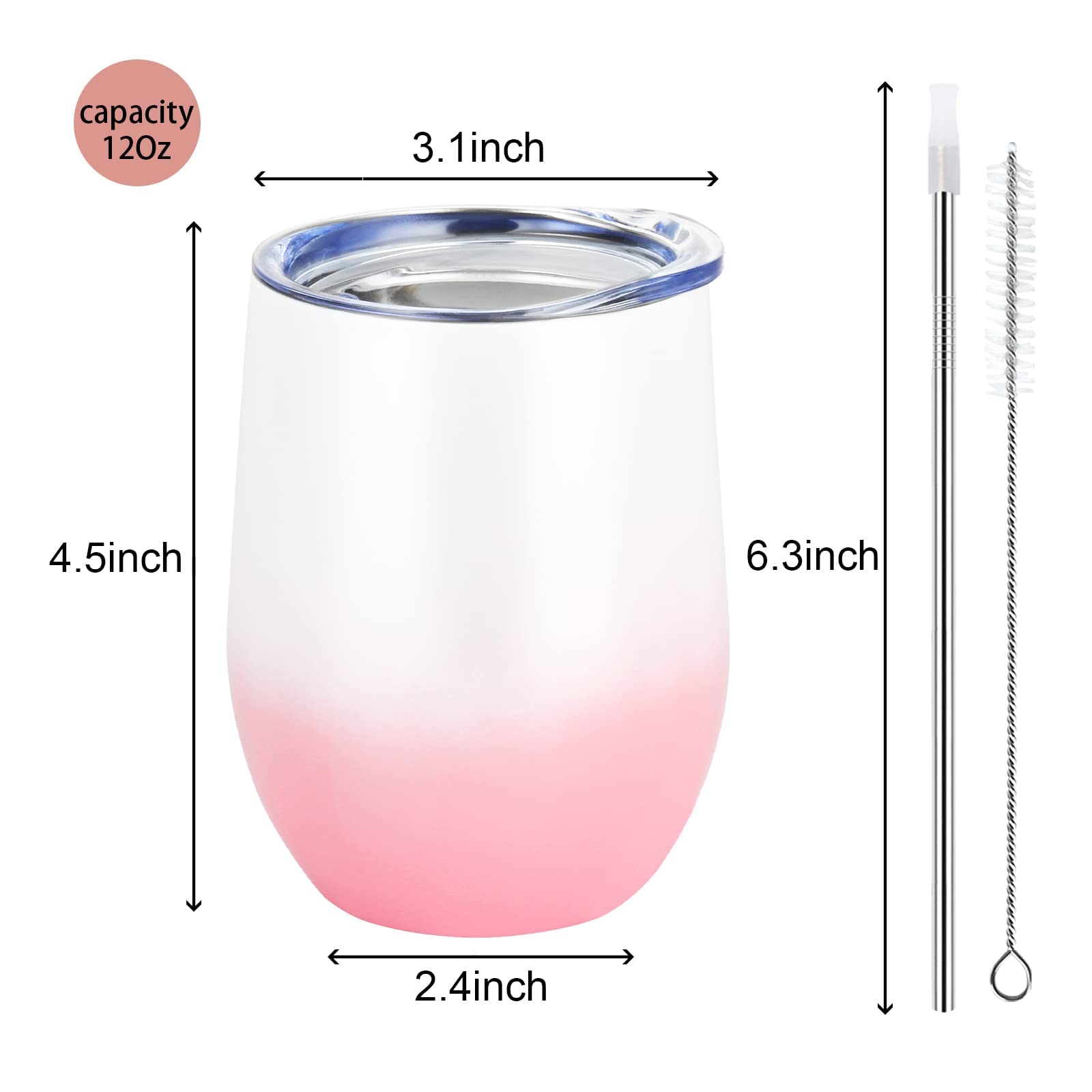 Romantic 6 Pack Stainless Steel Wine Tumblers 12Oz, Double Wall Vacuum Insulated Wine Tumbler with Lids & Straws, Stainless Steel Stemless Wine Tumbler for Cold & Hot Drinks (Pink & White)