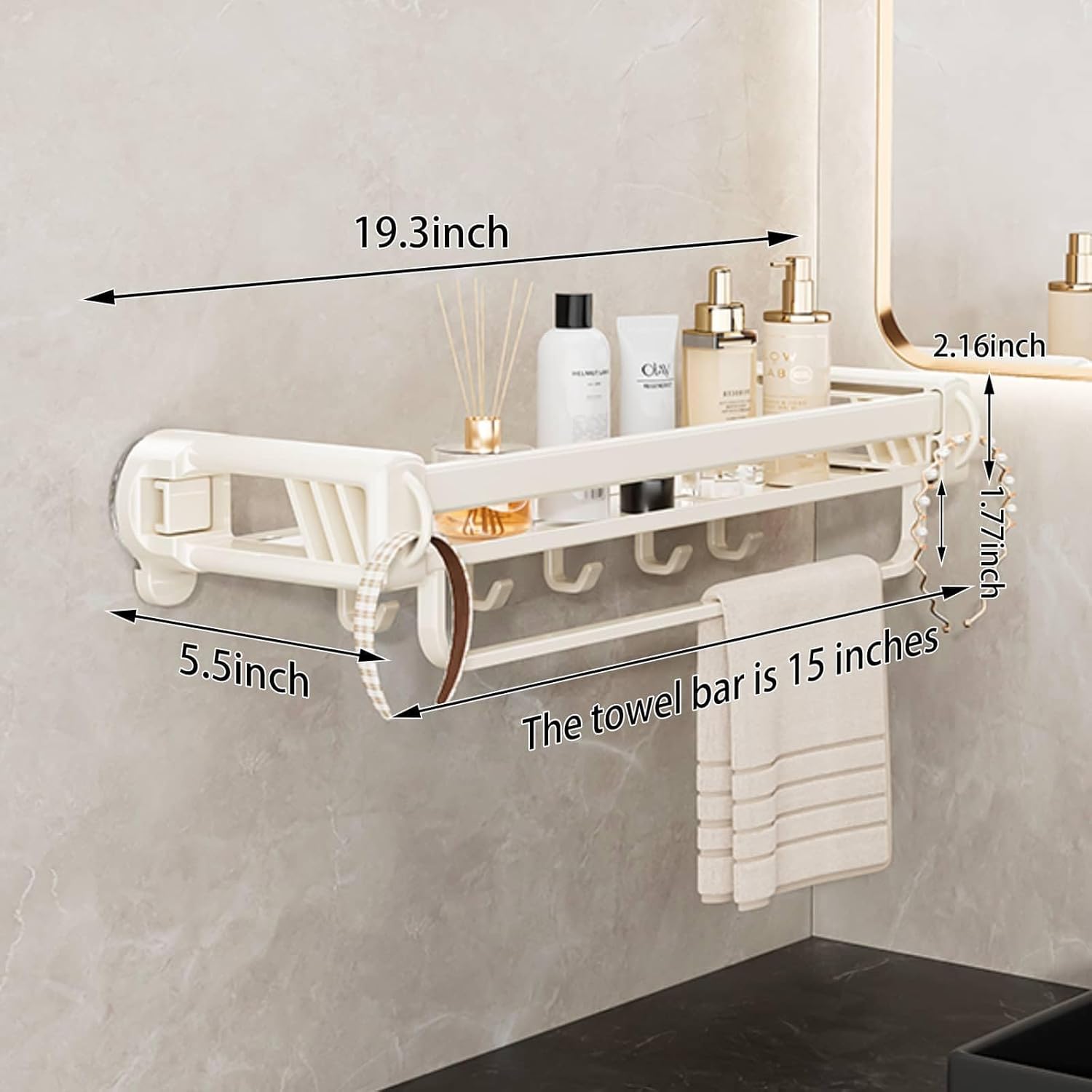 16" Shower Caddy Suction Cup, Concealed Shower Shelves Suction Cup with Hooks & Towel Bar, NO-Drilling Suction Shelf for Bathroom & Kitchen - White