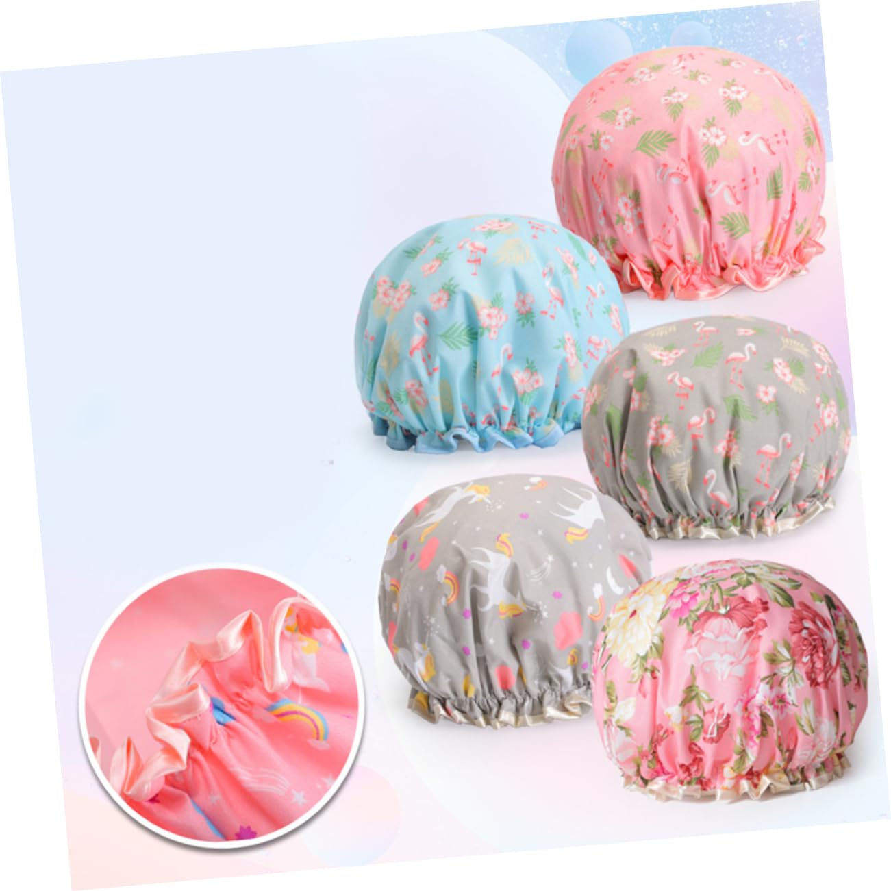 FOMIYES 12stücke Doppellagige Duschhauben Für Damen Wasserdichte Und Elastische Badekappen Im Cartoon-design Flamingo Flamingo Blau Pegasus Wiederverwendbare Haarpflege Für Spa Und