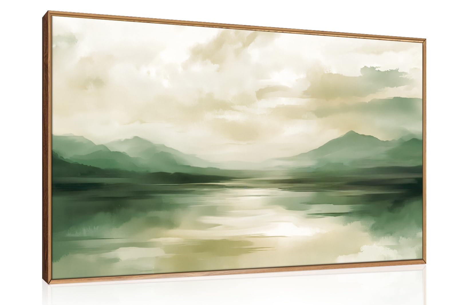 CHDITB Sage Green Abstract Canvas Framed Wall Art,Framed Beige White Landscape Painting,Neutral Watercolor Mountain Poster,Nature Mountains Lake Prints,Green Wall Art for Living Room Bedroom(59x39cm)