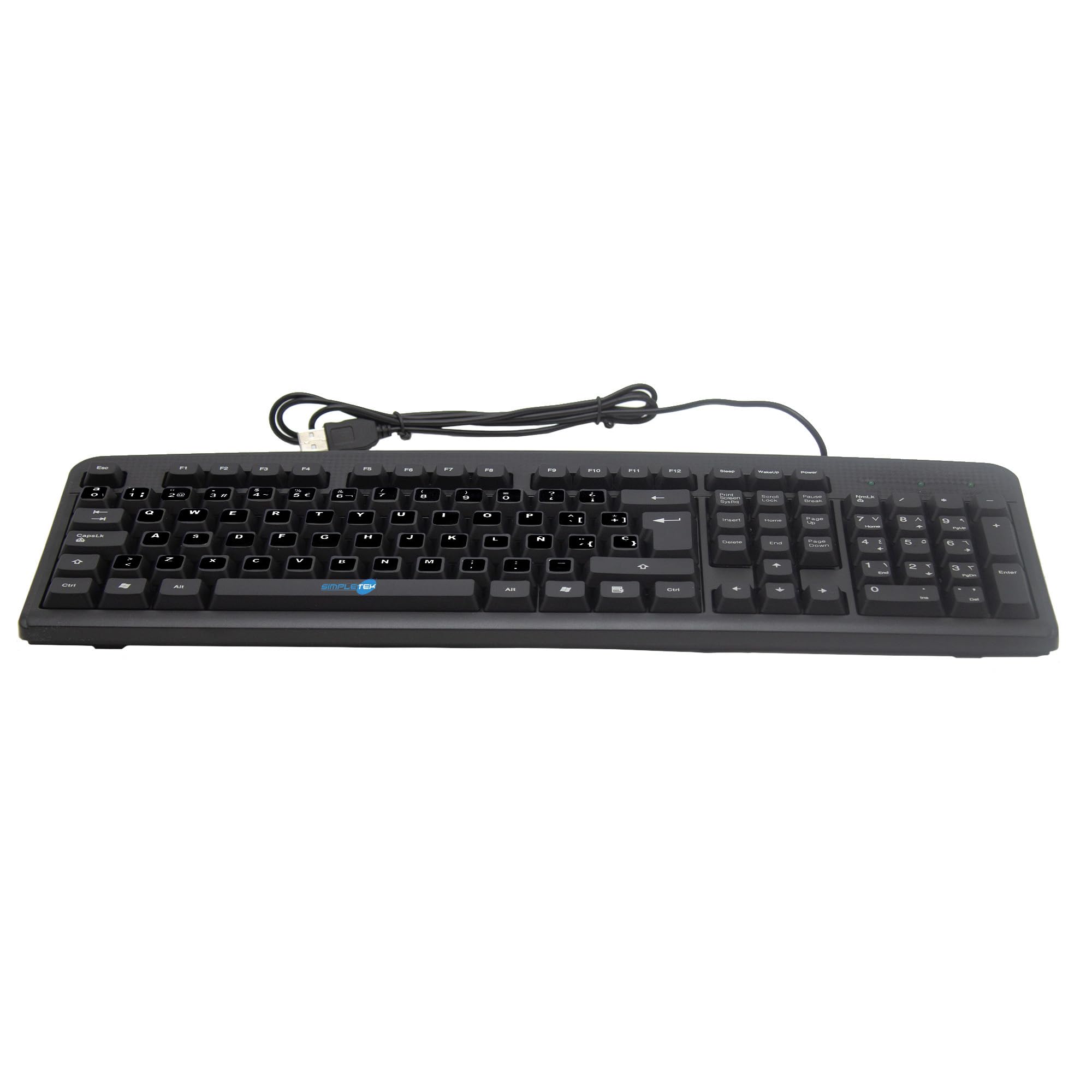 SIMPLETEK - Teclado USB Cableado Universal con Kit Adhesivos para Layout ESPAÑOL (QWERTY) - Diseño Estándar - Plug & Play