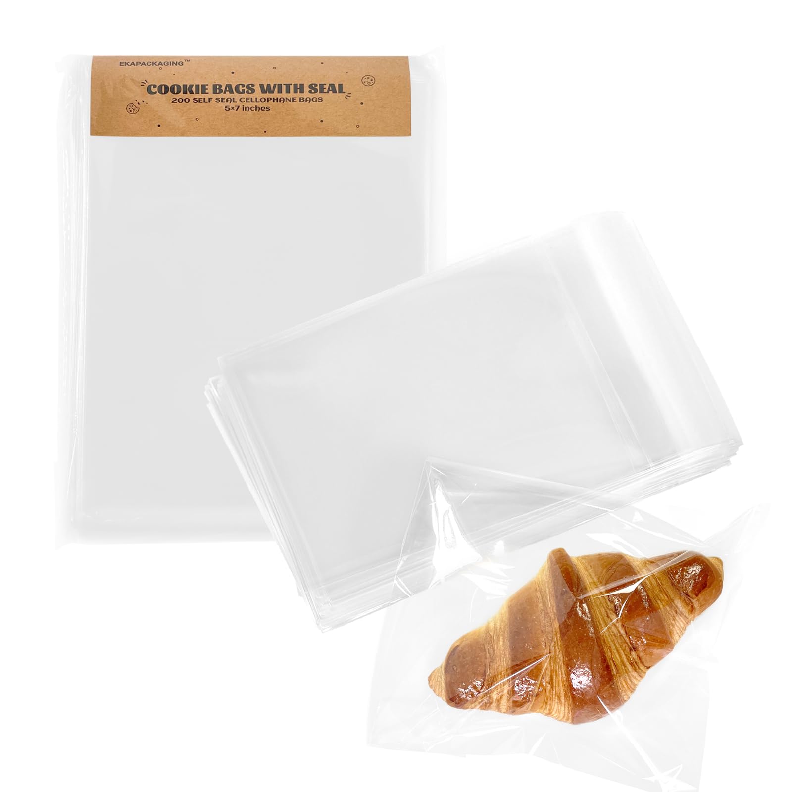 EKAPACKAGING Clear 5x7 Inches 200Pcs Self Sealing Cellophane Cookie Bags Christmas Treat Individual Party Favor Bag Plastic Sealable Small Goodie