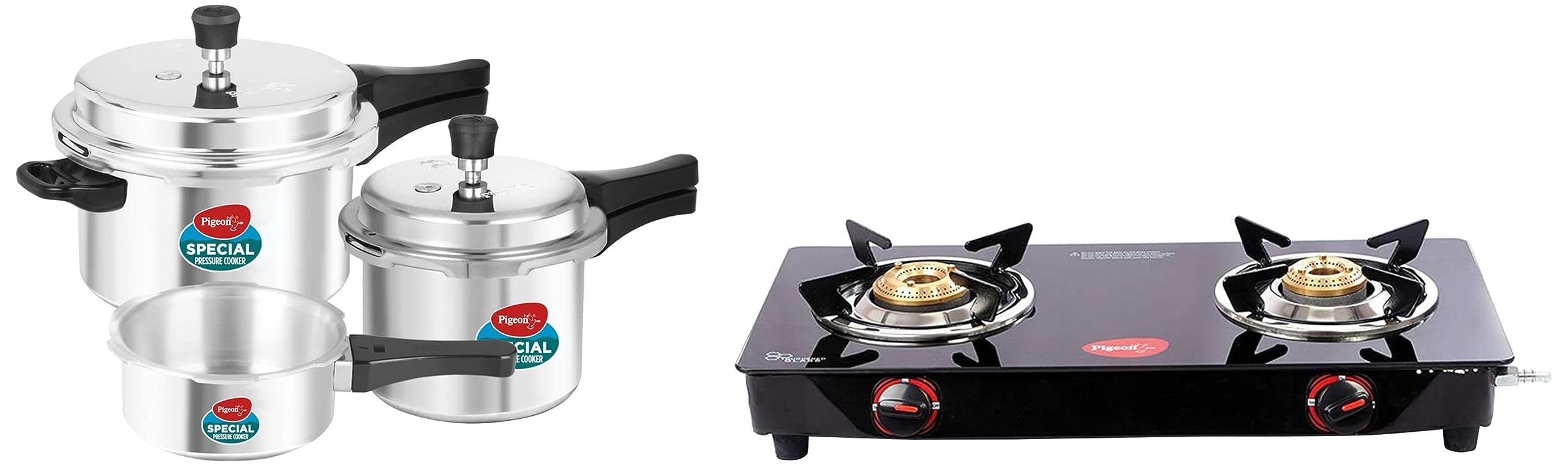 Pigeon By Stovekraft Pressure Cooker Combo With Outer Lid Gas Stove Compatible 2, 3, 5 Litre Capacity (Silver) & Aster Gas Stove 2 Burner With High Powered Brass Burner, Black (14266), Manual
