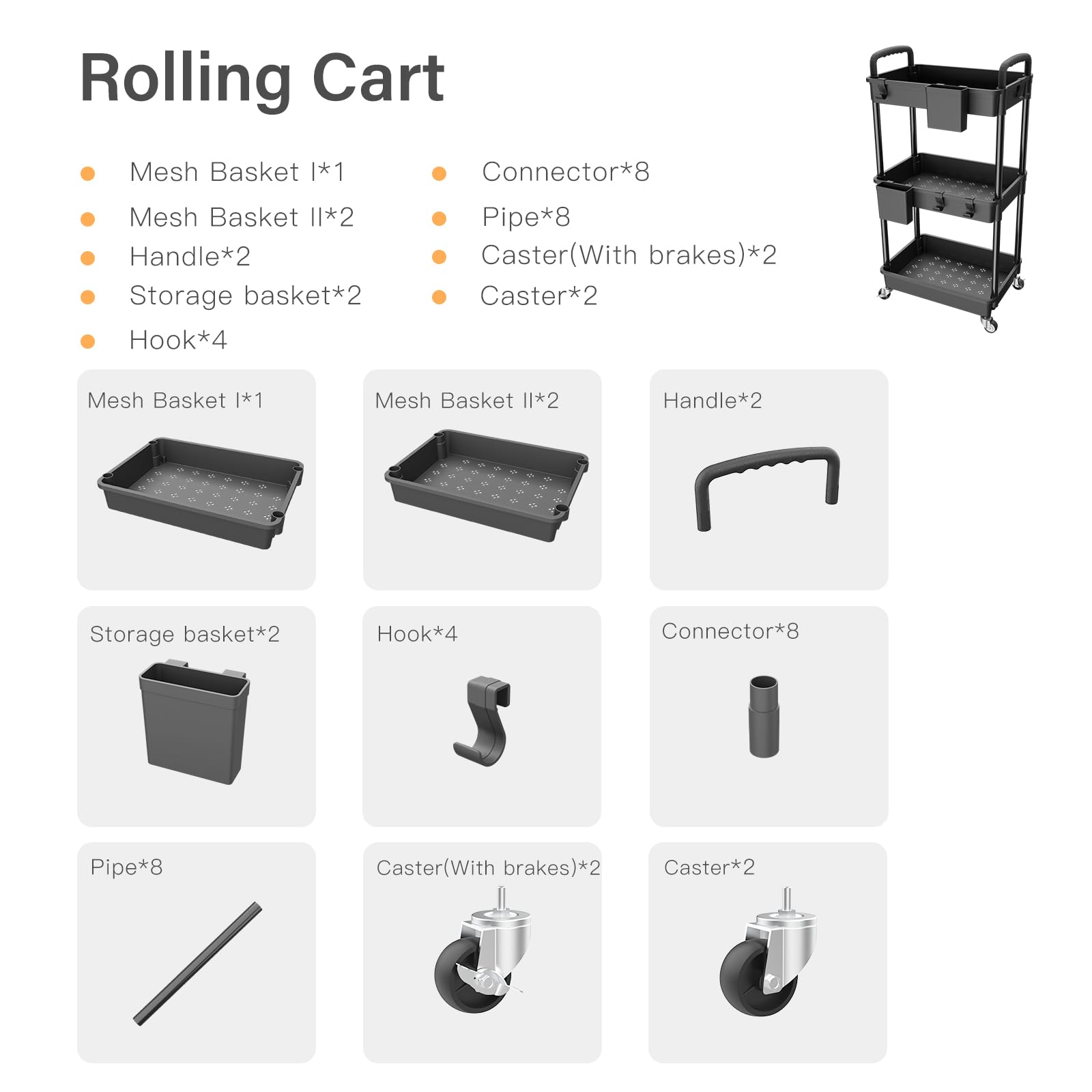 Carrito utilitario rodante de 3 niveles con asa, carrito utilitario REBECAT hecho de herramienta organizadora de almacenamiento multifuncional para cocina, baño, sala de estar, oficina (negro)