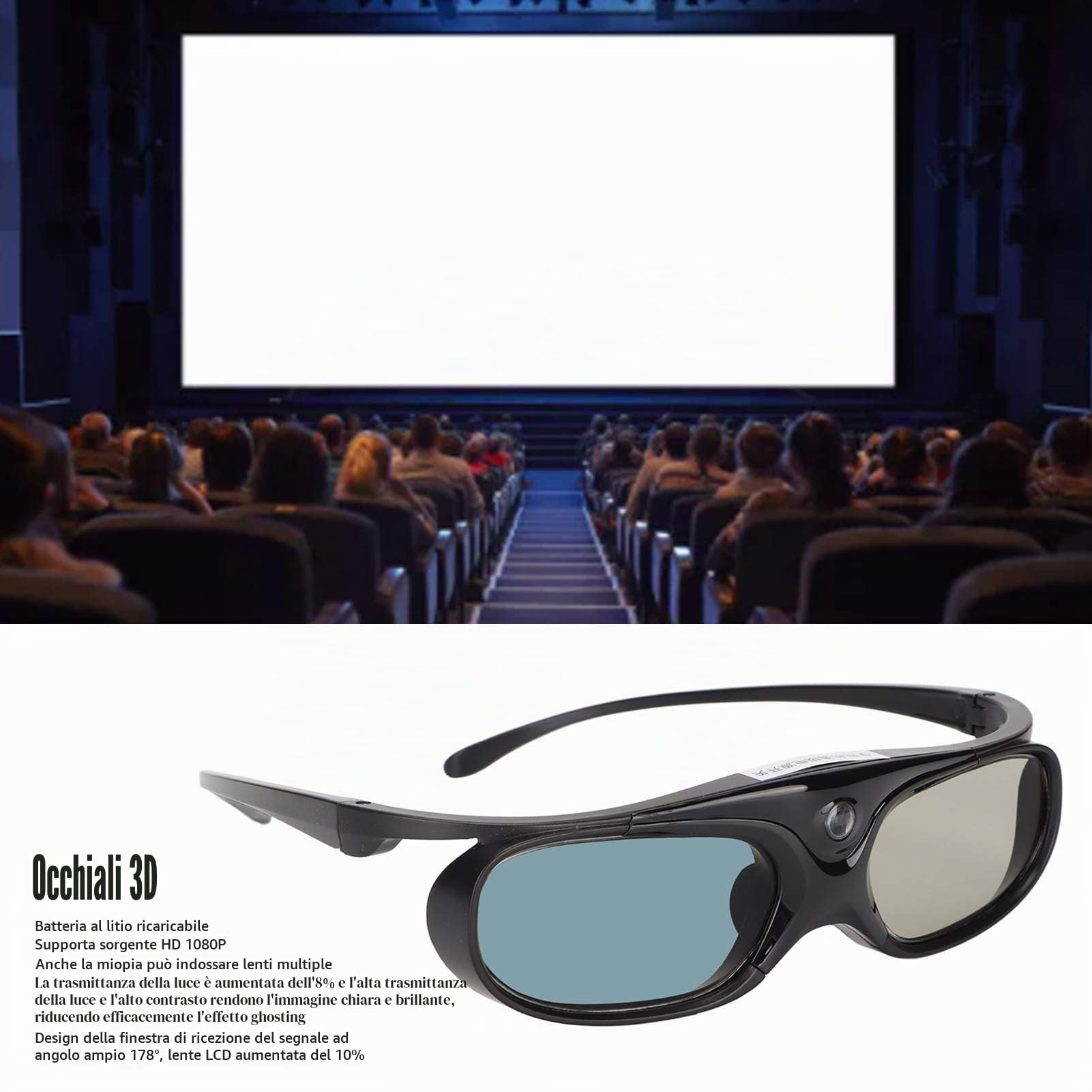 Occhiali 3D DLP, Occhiali LCD 1080P 144Hz Occhiali DLP-Link Attivi con Otturatore 3D Ricaricabili con Ampio Angolo di Visualizzazione 178 ° Batteria Ricaricabile Occhiali con Otturatore 3D(Nero)