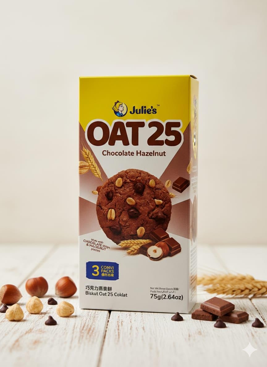 Julie's OAT 25 Chocolate Hazelnut Biscuits, Oat Cookies with Chocolate Chips, 75g, 3 Convi Packs