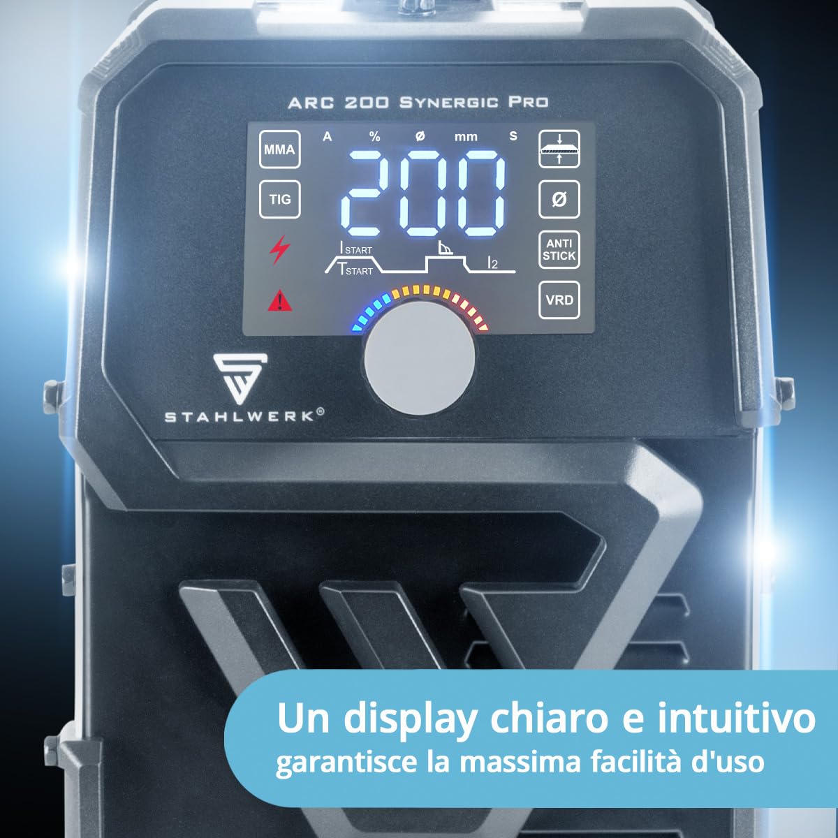 STAHLWERK Saldatrice ad elettrodo ARC 200 Synergic Pro Digitale – MMA fino a 200 A, saldatura senza gas, Inverter Lift-TIG, Hotstart, Anti-stick, Smart Cooling