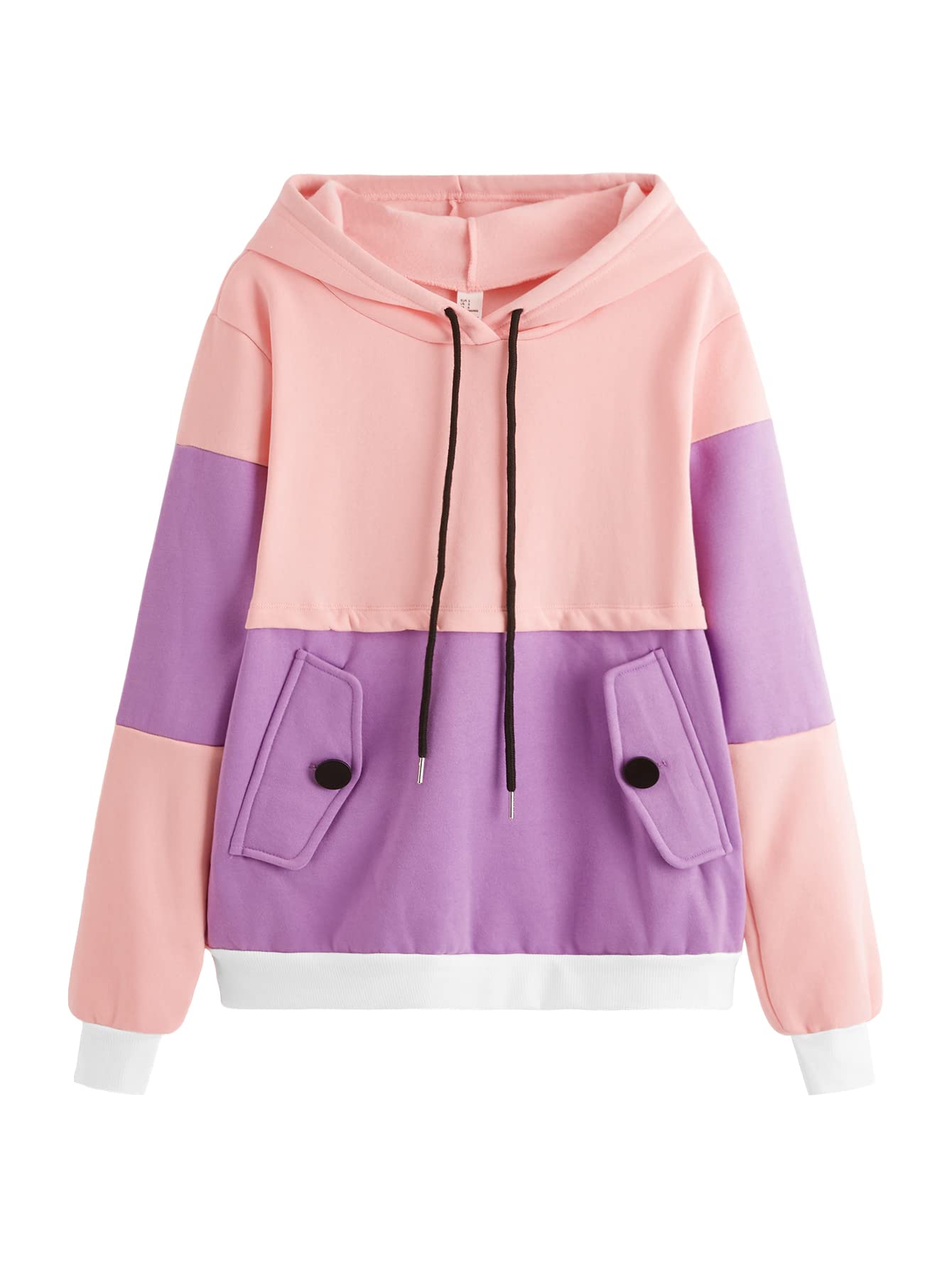 SweatyRocks Women's Winter Color Block Long Sleeve Fleece Hoodie Sweatshirt with Pockets Pink Purple XS