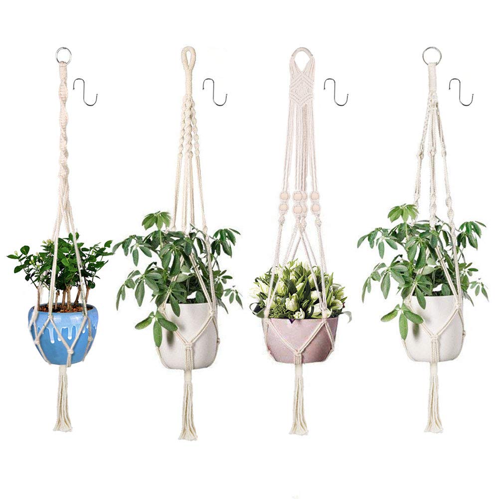 XDDIAS Macrame Plant Hangers Indoor Outdoor with 4 Hanging Hooks, 41 Inches White Hanging Planter Basket Cotton Rope for Flower Pot Patio Deck Ceiling Plant Holder (4)