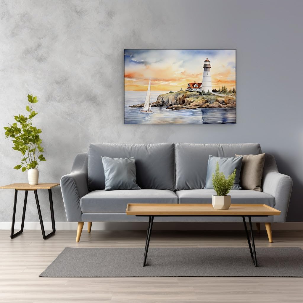 Canvas for Living room. Lighthouse at Sunset: A Watercolor Serenity with Nautical Whispers, 27 x 18 inch Canvas Wall Art - Contemporary Masterpieces - Modern Home Decor