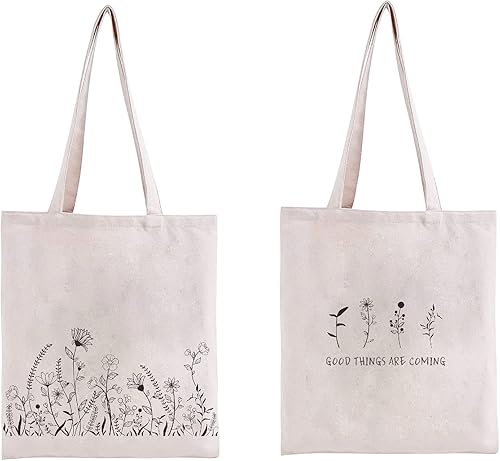 Kazova Bolsa de lona de algodón floral, bolsa de lona minimalista, reutilizable, bolsa de compras de comestibles, diseño botánico de flores