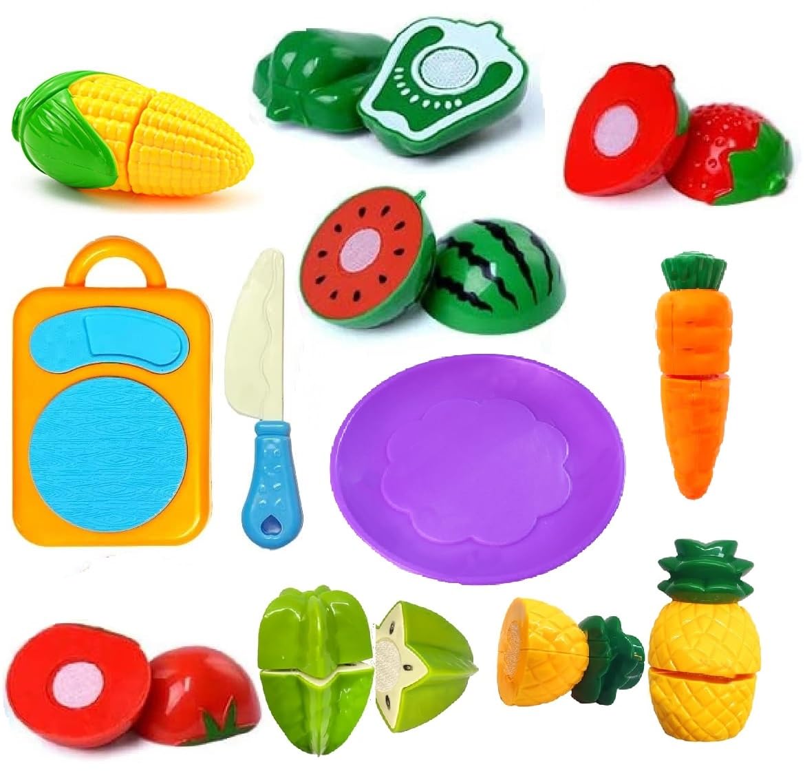Amitasha 10 Pc Cutting Fruit Vegetable Play Food Kitchen Toys with Chopping Board and Knife Pretend Play Educational Toy for Toddlers Children Birthday Gift