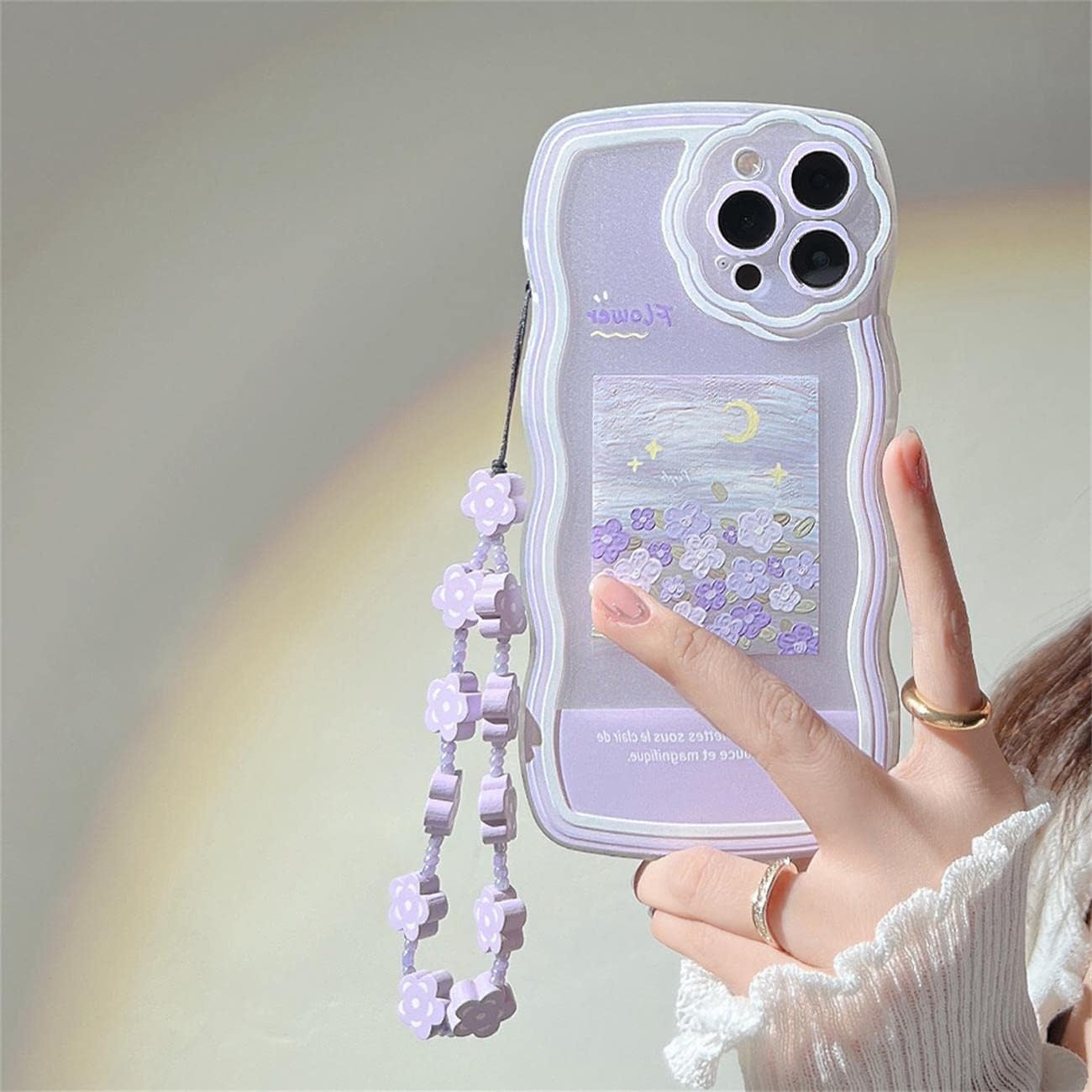 Fycyko Compatible with iPhone 13 Pro Max Case with Cute Purple Flower Floral Pattern Design Aesthetic Women Teen Girls Flower Lens Protection Case for iPhone 13 Pro Max+Chain-Flower - Image 2