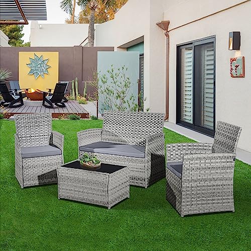 ASOWNSUN Grey Rattan Garden Furniture Set 4 piece Chairs and Table, Indoor Outdoor Patio Conversation Set - Image 3