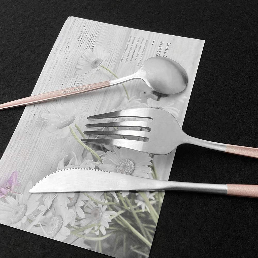 36 pieces Pink Handle Silver Spoon Matte Flatware Set 304 Stainless Steel Dinnerware Knife Dessert Fork Spoon Dinner Silverware Kitchen Party Tableware Set -Service for 6 (Pink Silver)