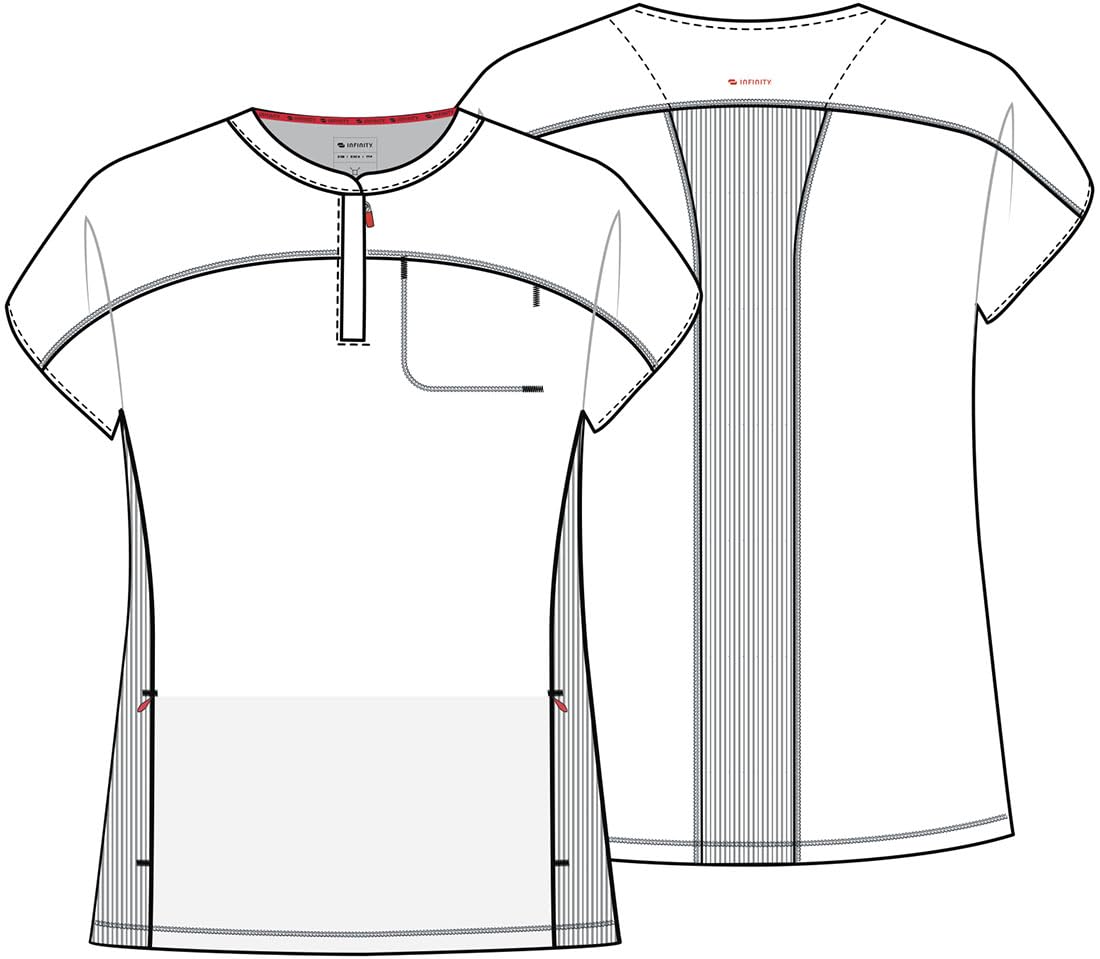 Cherokee Infinity IN622A OP-Oberteil für Damen, moderne Passform, Rundhalsausschnitt, 3 Taschen, verdeckte Knopfleiste mit teilweisem Reißverschluss