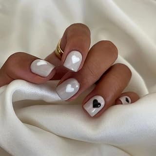 Valentine's Day Press on Nails Short Shape - Black White Love Heart Press on Nails, Glossy Premium Gray Fake Nails with Stick on Nails in Cute Artificial Nails 12 Sizes, 24Pcs Short Square False Nail