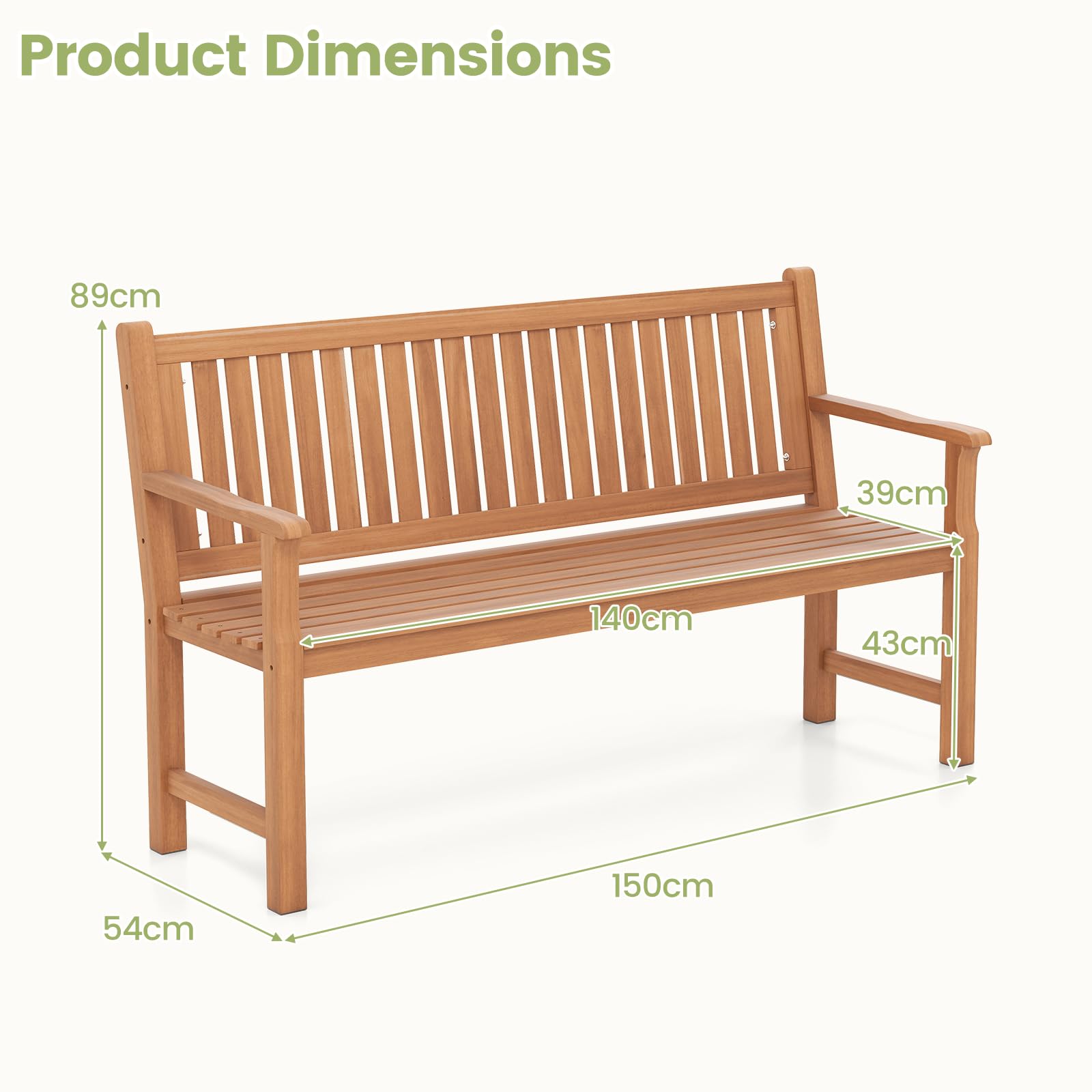 FANTASK 3-Sitzer Gartenbank, Sitzbank Holz mit Ergonomisch gestaltete Rückenlehne & Armlehnen, Holzbank, Terrassenbank Parkbank für Garten, Balkon, Terrasse (150 x 53,5 x 89 cm)