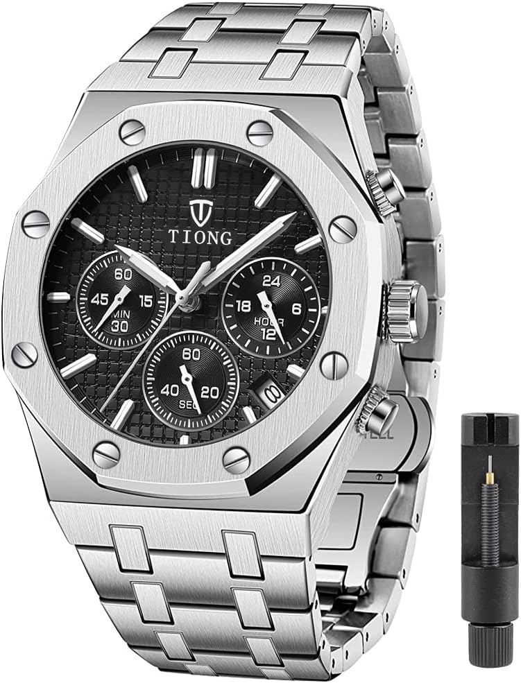 Mens Watches Chronograph Stainless Steel Waterproof Date Analog Quartz Watch Business Casual Fashion Wrist Watches for Men