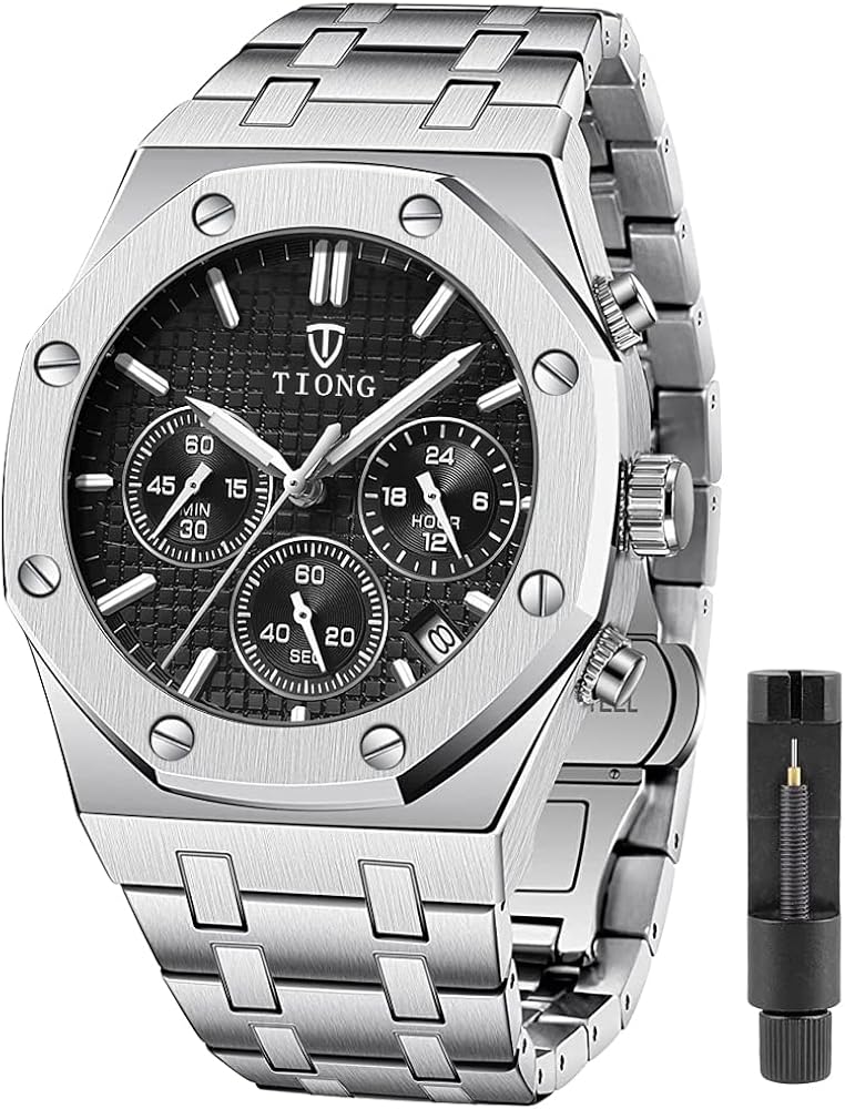 Tiong Relojes para hombre, cronógrafo, de acero inoxidable, impermeable, con fecha, analógico, de cuarzo, para negocios, casual, a la moda, relojes