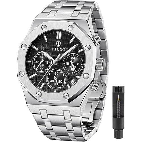 Tiong Mens Watches Chronograph Stainless Steel Waterproof Date Analog Quartz Watch Business Casual Fashion Wrist Watches for Men
