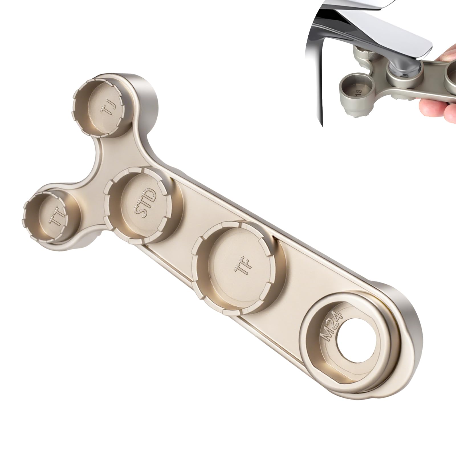 Tylola 11-in-1 Luftsprudler-Schlüssel aus Metall – M18, M20, M22, M24, M28 & verdeckte Strahlregler (TT, TJ, JR, STD, TF) – Hebelstarkes Design, titanfarbenes Premium-Finish