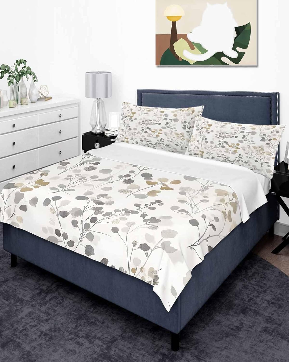 Twin Size Flat Sheet Only, Grey Brown Botanical Soft Brushed Microfiber Bed Sheets, Summer Leaf Watercolor Hotel Quality Breathable Bedding Top Sheet, Easy Care, 66"x96"